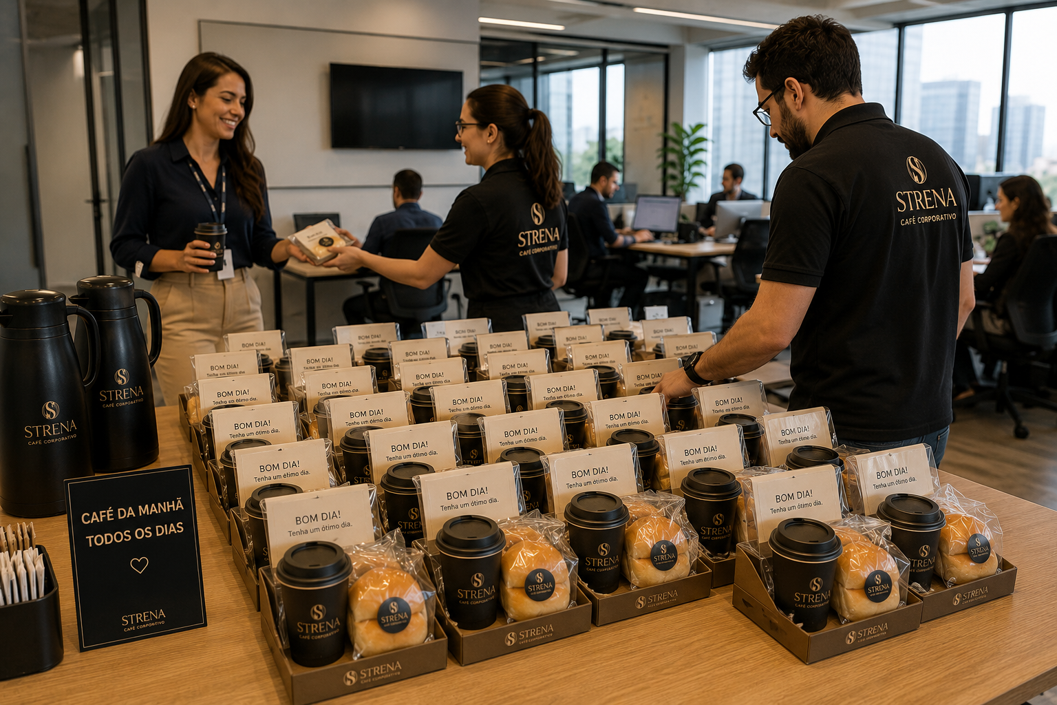 Café da manhã corporativo em Londrina com kits para colaboradores e entrega programada STRENA